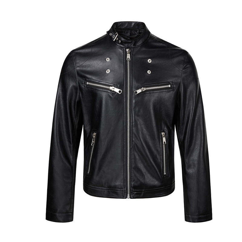 Black PU Leather Moto Jacket – Vintage Biker Style with Stand Collar & Silver