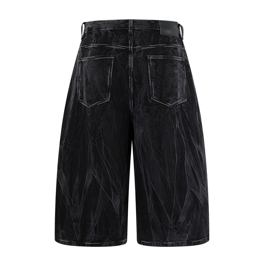 Crinkle-Washed Black Denim Shorts – Wide Leg Streetwear Fit