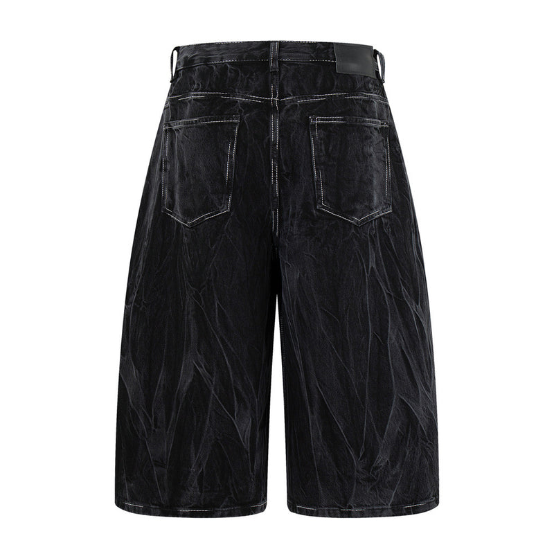 Crinkle-Washed Black Denim Shorts – Wide Leg Streetwear Fit