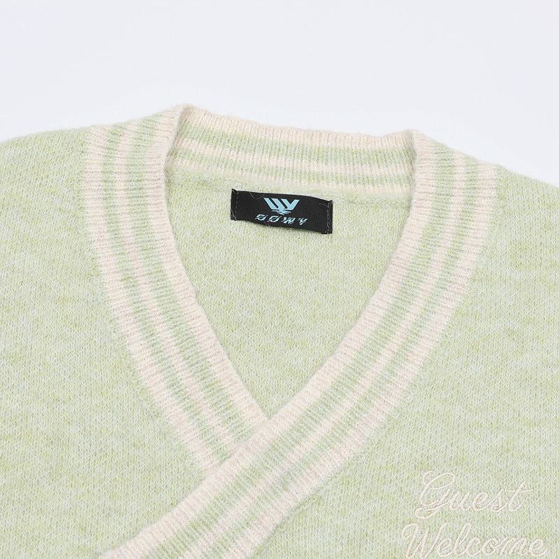 V-Neck Knit Sweater Vest with Irregular Hem & Puppy Embroidery