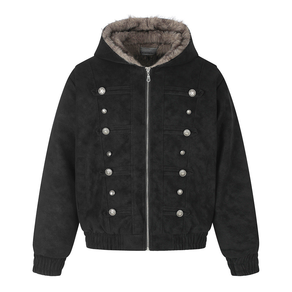 Men's Faux Fur-Lined Hooded Bomber Jacket – Double-Breasted PU Suede Winter Coat