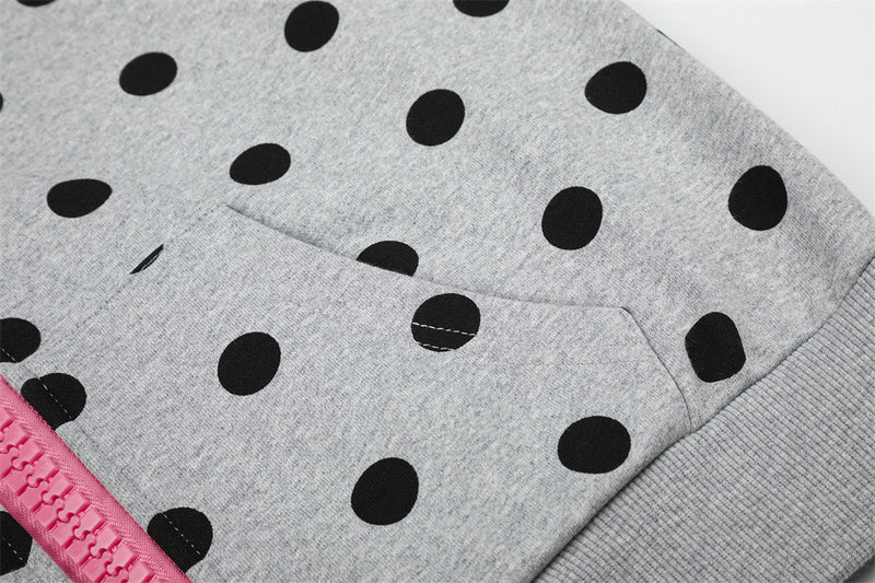 Polka Dot Zip-Up Hoodie with Embroidered Graphic – Cropped Streetwear Sweatshirt