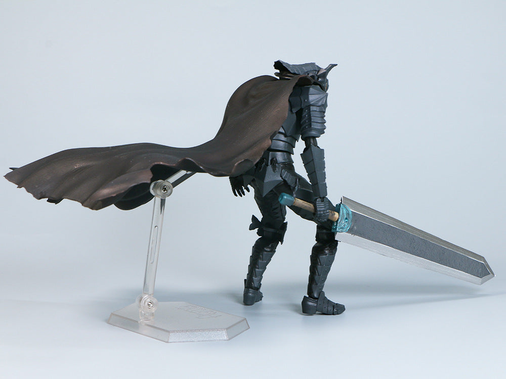 The Berserk Brand Marked Guts Berserker Armor Action Figure, a fully poseable 16 cm PVC statue, captivates fans with its large sword, flowing cape, and transparent stand.