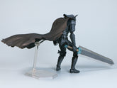 The Berserk Brand Marked Guts Berserker Armor Action Figure, a fully poseable 16 cm PVC statue, captivates fans with its large sword, flowing cape, and transparent stand.