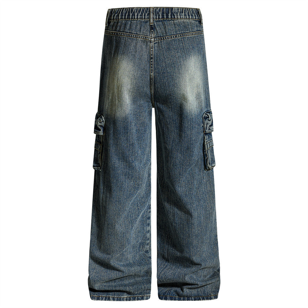 Vaqueros cargo para hombre — Pantalón vaquero de pierna ancha con múltiples bolsillos y lavado desgastado