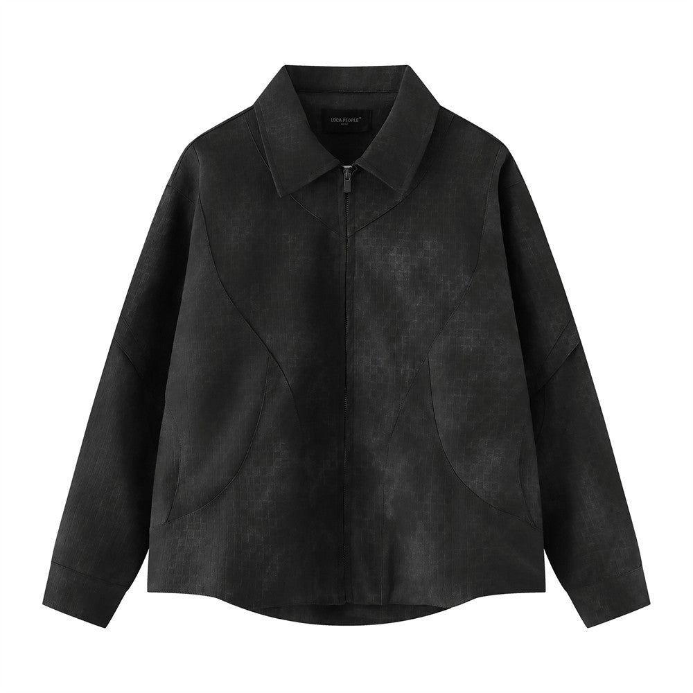 Herrenjacke mit dunkler Textur, Reißverschluss und dekonstruierter Panelnaht