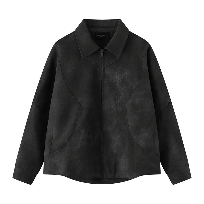 Herrenjacke mit dunkler Textur, Reißverschluss und dekonstruierter Panelnaht