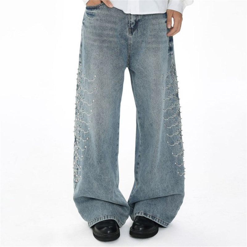Men's Baggy Wide-Leg Jeans – Studded & Embroidered Washed Denim