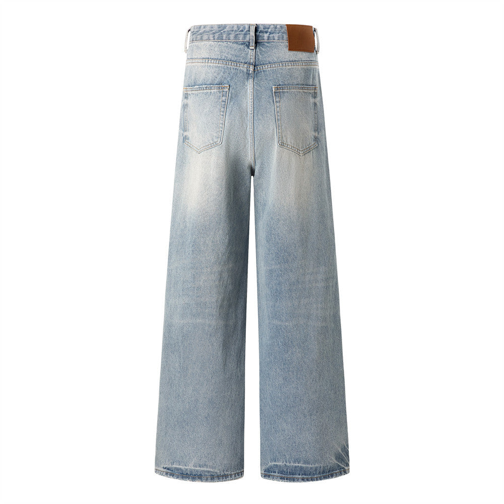 Wide-Leg Distressed Jeans – American Vintage Washed Denim, Relaxed Straight Fit