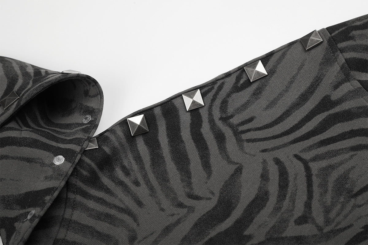 Zebra Print Zip-Up Hoodie Jacket with Pyramid Studs — Grey