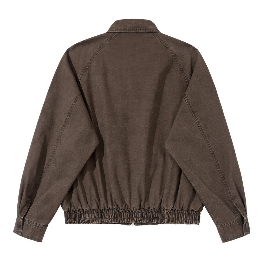 Vintage Washed Workwear Bomber Jacket – Relaxed Fit Snap-Button Harrington