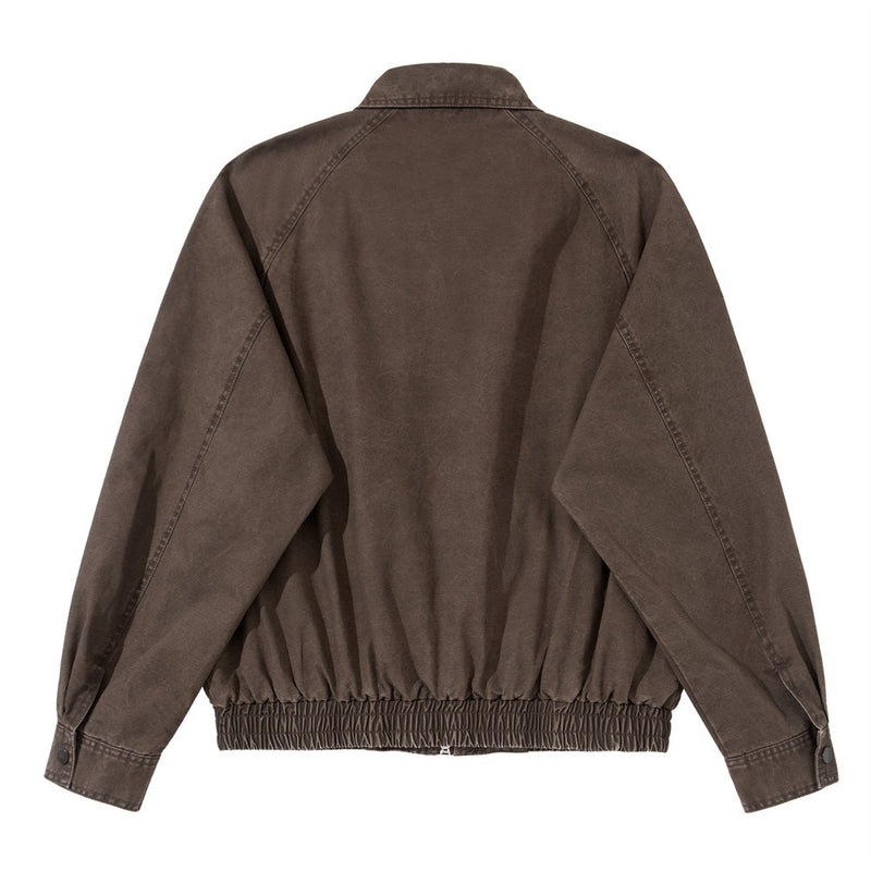 Vintage Washed Workwear Bomber Jacket – Relaxed Fit Snap-Button Harrington