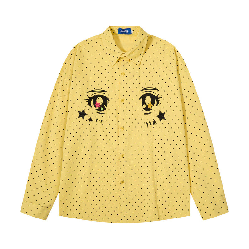 Men's oversized long sleeve button-down shirt with anime eyes graphic and polka dot print in yellow