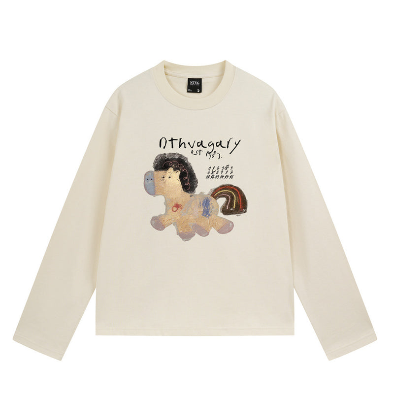 NTVG Nthvagary long sleeve crew neck tee with cartoon horse graphic print in cream and black colorways