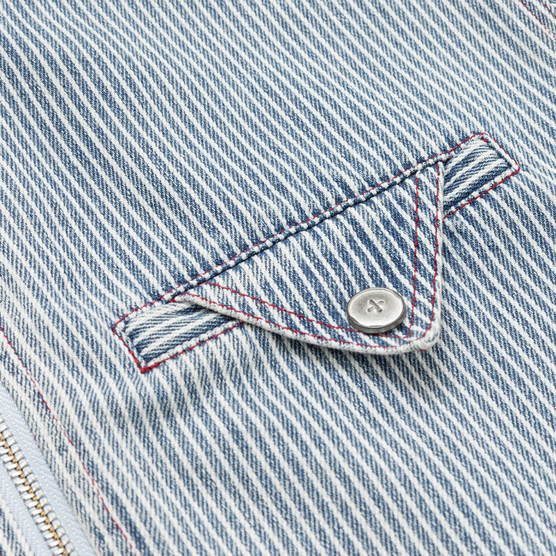 Hickory Stripe Denim Zip Jacket – Men's Workwear-Inspired Drawstring Hem Coat