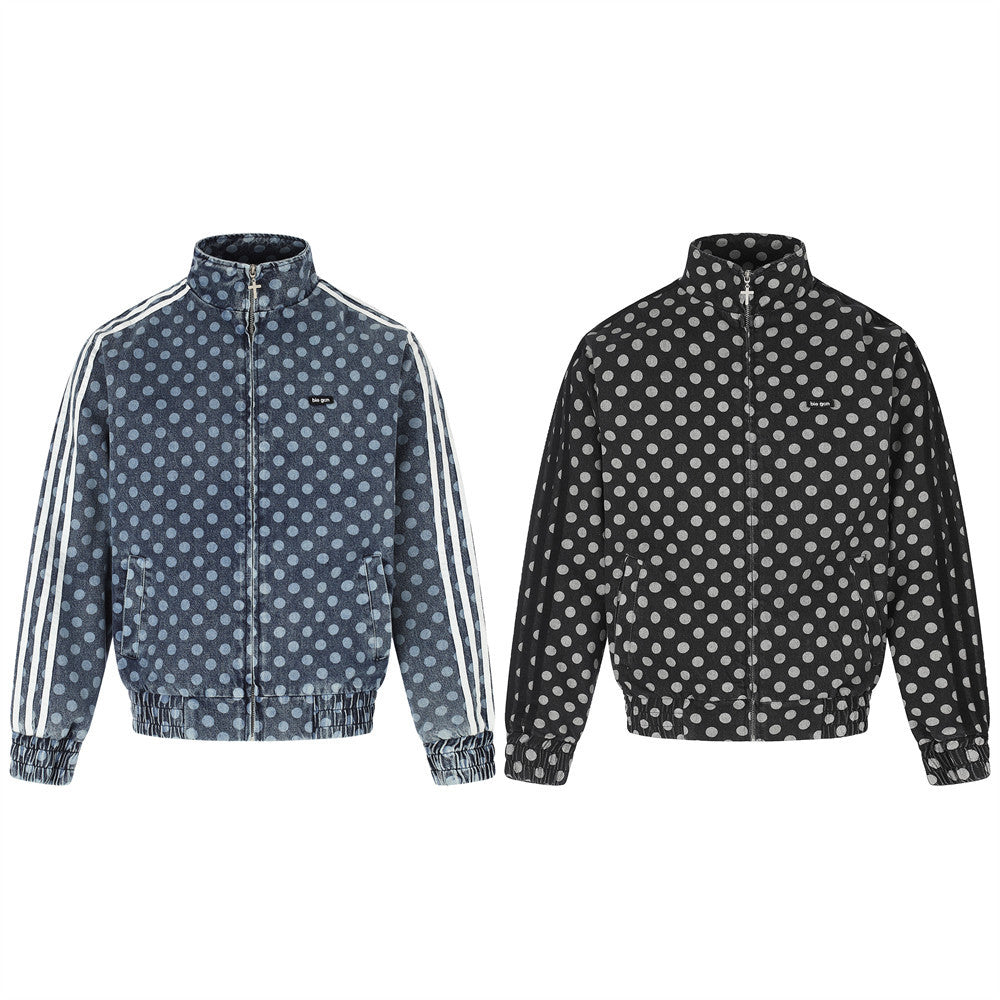 Men's polka dot denim track jacket with stand collar and full-zip in black and indigo blue colorways