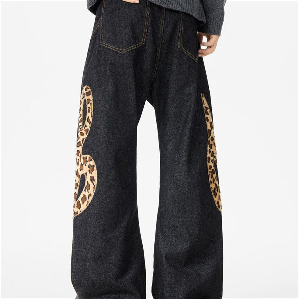 Loose Fit Jeans Men – Black Wide-Leg Denim with Leopard Print Appliqué Patches