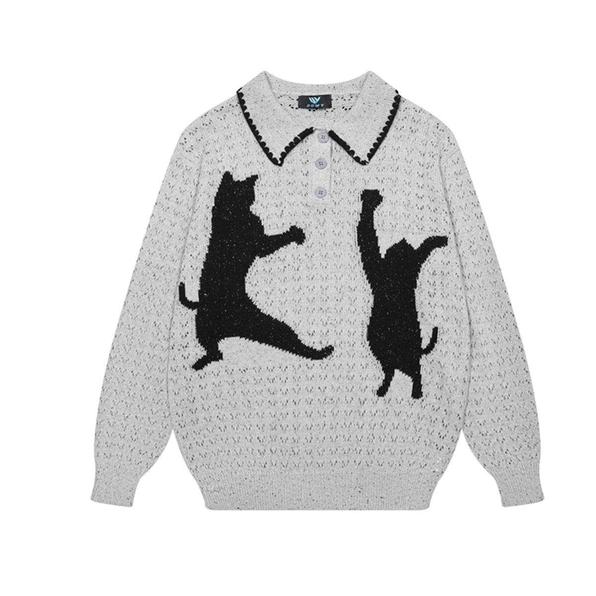 Unisex polo collar openwork knit sweater with dancing cat jacquard graphic in grey colorway, front view