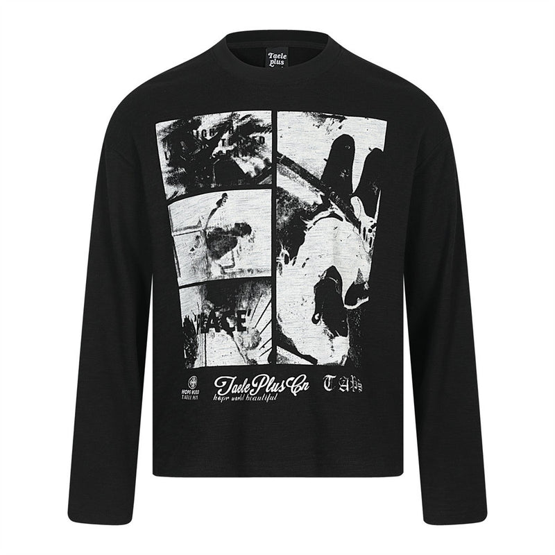 Oversized long sleeve graphic t-shirt with black-and-white rock rap collage print and peace sign, shown in white and black co