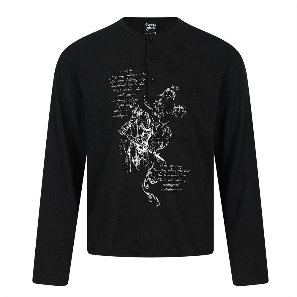 Herren-Langarmshirt im Henley-Stil mit abstraktem Kriegerprint – lockere Passform