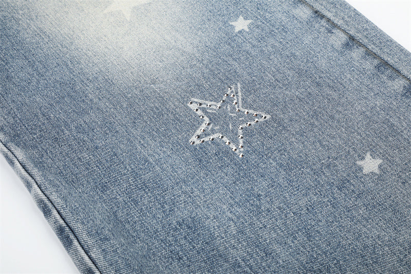 Star Embroidered Distressed Wide-Leg Jeans – Washed Baggy Denim with Ripped Knee