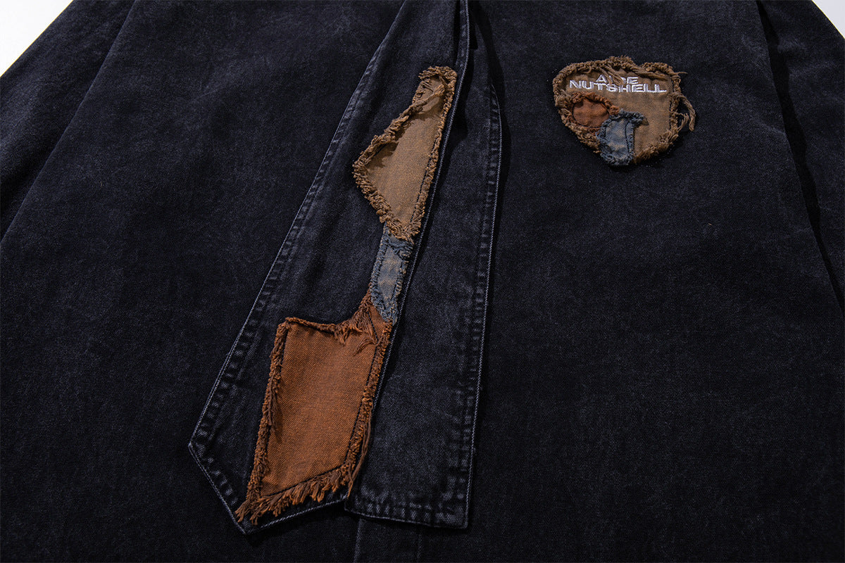 Patchwork Tie Denim Shirt – Vintage Streetwear Button-Up with Detachable Fabric