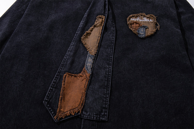 Patchwork Tie Denim Shirt – Vintage Streetwear Button-Up with Detachable Fabric