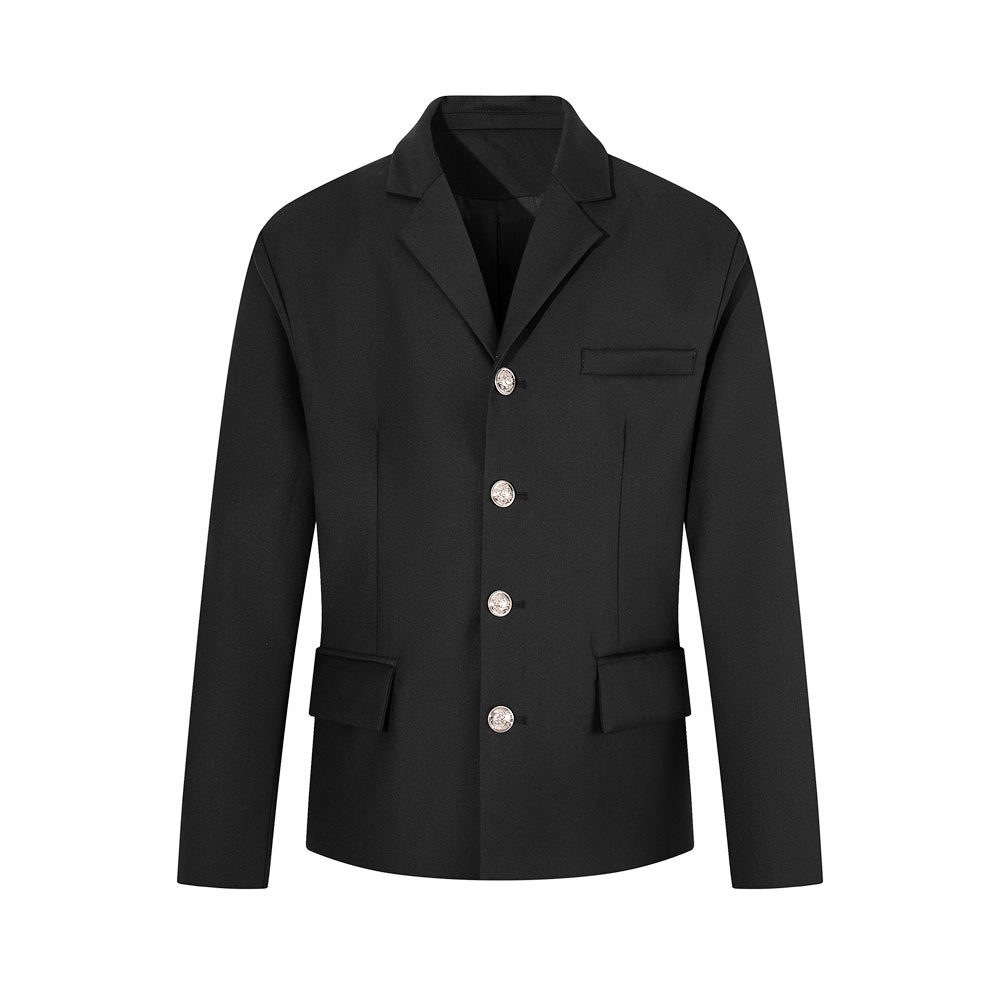 Men's black single-breasted blazer jacket with four silver-tone buttons, notched lapel, and structured tailored fit