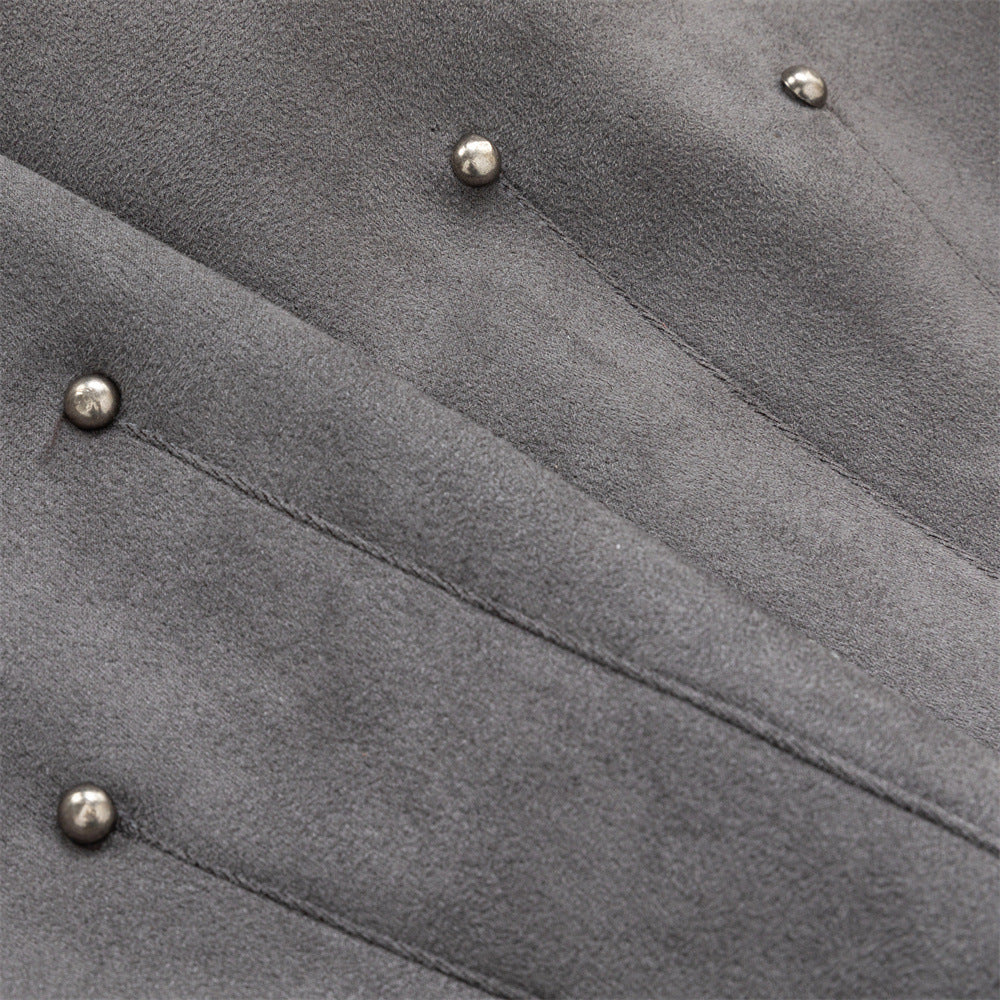 Men's Oversized Bomber Jacket – Grey Suede-Touch Fabric with Stud Details & Zip