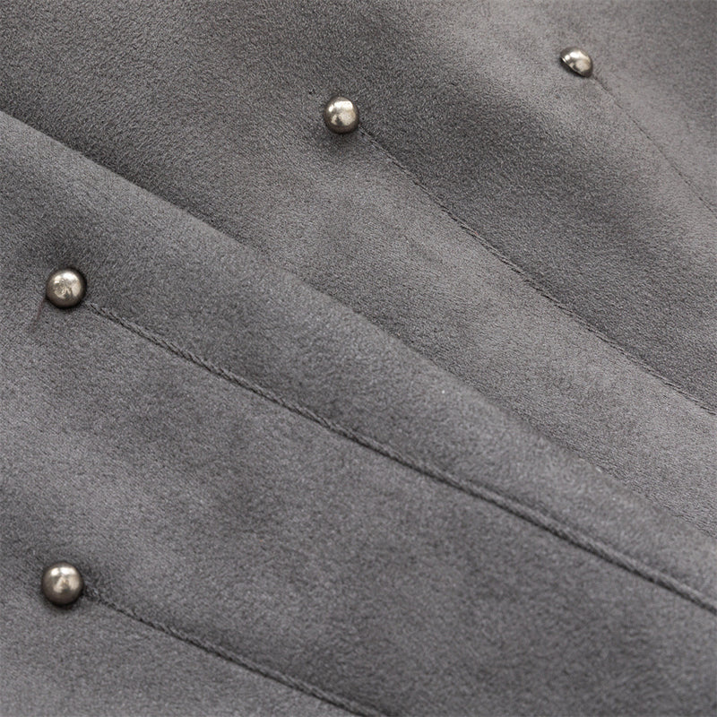 Men's Oversized Bomber Jacket – Grey Suede-Touch Fabric with Stud Details & Zip