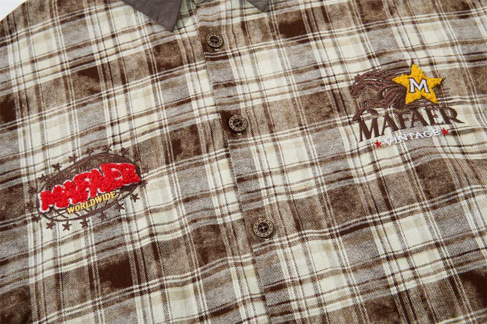 Men Long Sleeve Button Down Shirt Plaid Vintage Embroidered Flannel Overshirt