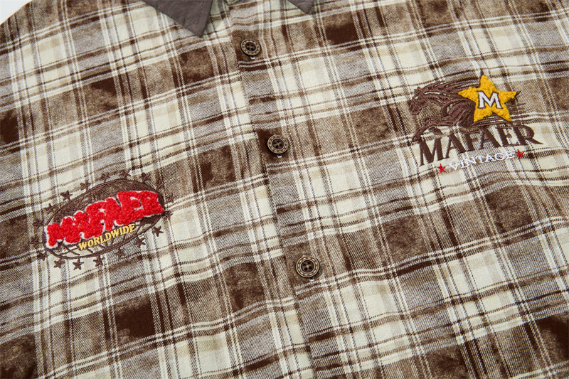 Men Long Sleeve Button Down Shirt Plaid Vintage Embroidered Flannel Overshirt