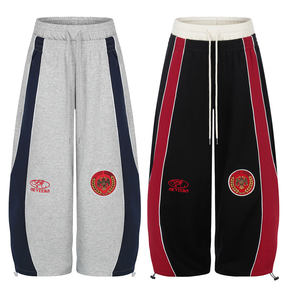 Colorblock Wide-Leg Sweatpants with Eagle Emblem & Faux Double Waistband