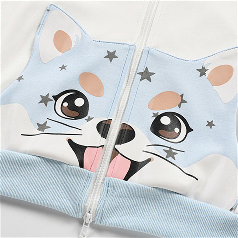 Hoodie with Cool Designs – Star Print Cartoon Cat Zip-Up Hoodie with Ear Hood