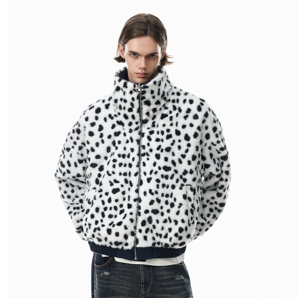 Reversible Stand-Collar Jacket Men's Dalmatian Faux Fur & Nylon Oversized Bomber