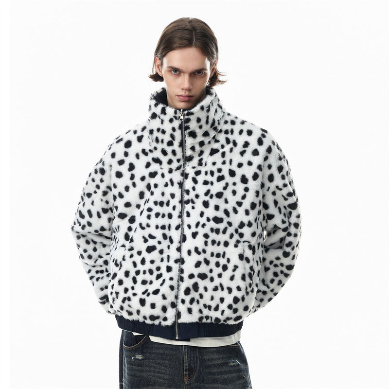 Reversible Stand-Collar Jacket Men's Dalmatian Faux Fur & Nylon Oversized Bomber