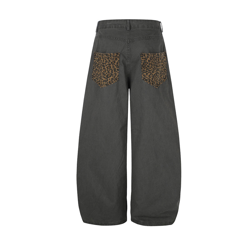 Pantalones de pierna ancha con paneles de estampado de leopardo – Pantalones banana de corte relajado