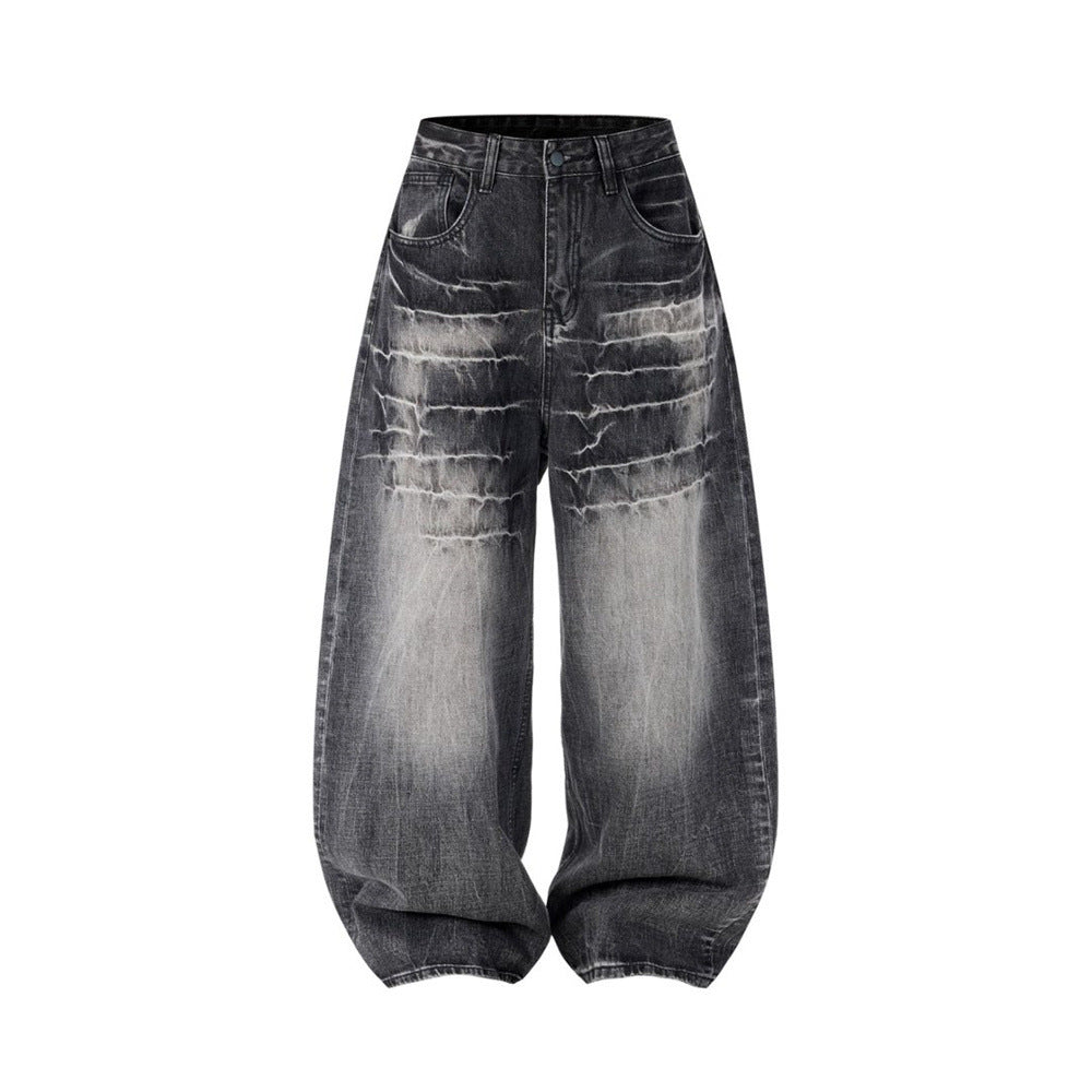 Baggy Dark Wash Jeans – Men's Wide Leg Vintage Punk Distressed Faded Denim
