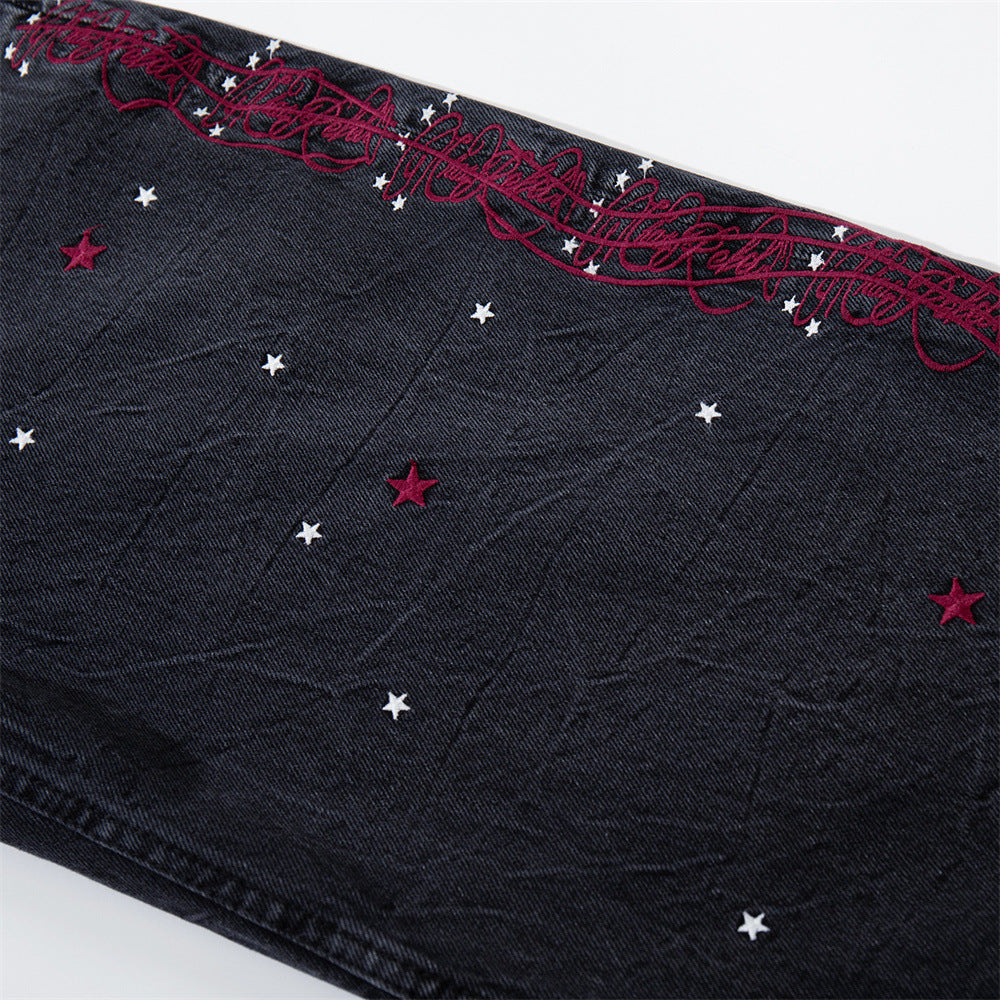 Star Embroidered Wide-Leg Jeans – Washed Black Denim with Side Floral Detail