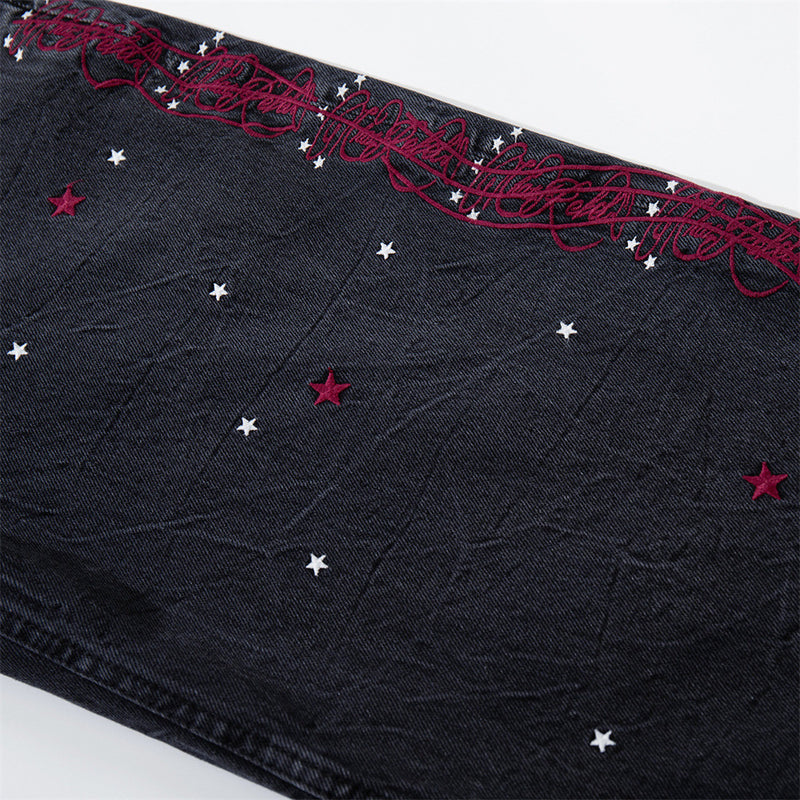 Star Embroidered Wide-Leg Jeans – Washed Black Denim with Side Floral Detail