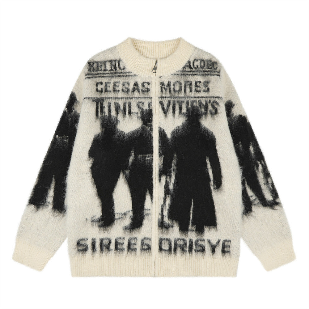Dark Silhouette Figure Zip-Up Knit Cardigan Sweater – Oversized Streetwear