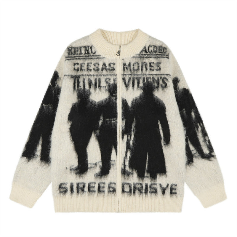 Dark Silhouette Figure Zip-Up Knit Cardigan Sweater – Oversized Streetwear