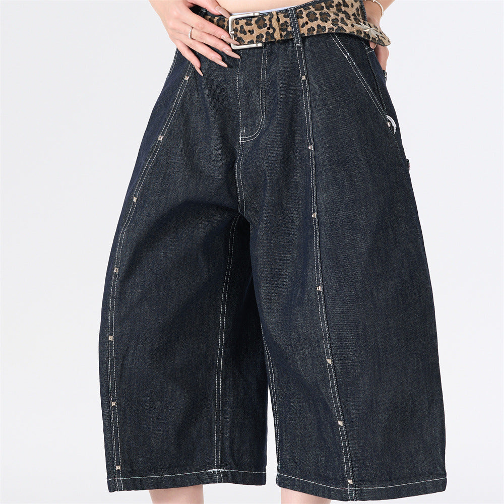 Wide-Leg Denim Cargo Shorts – Multi-Pocket Workwear Style