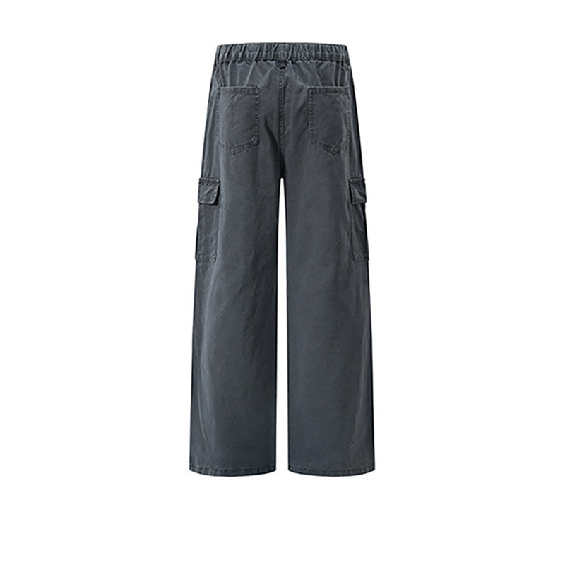 Charcoal gray cargo pants, back view with elastic waistband and rear pockets