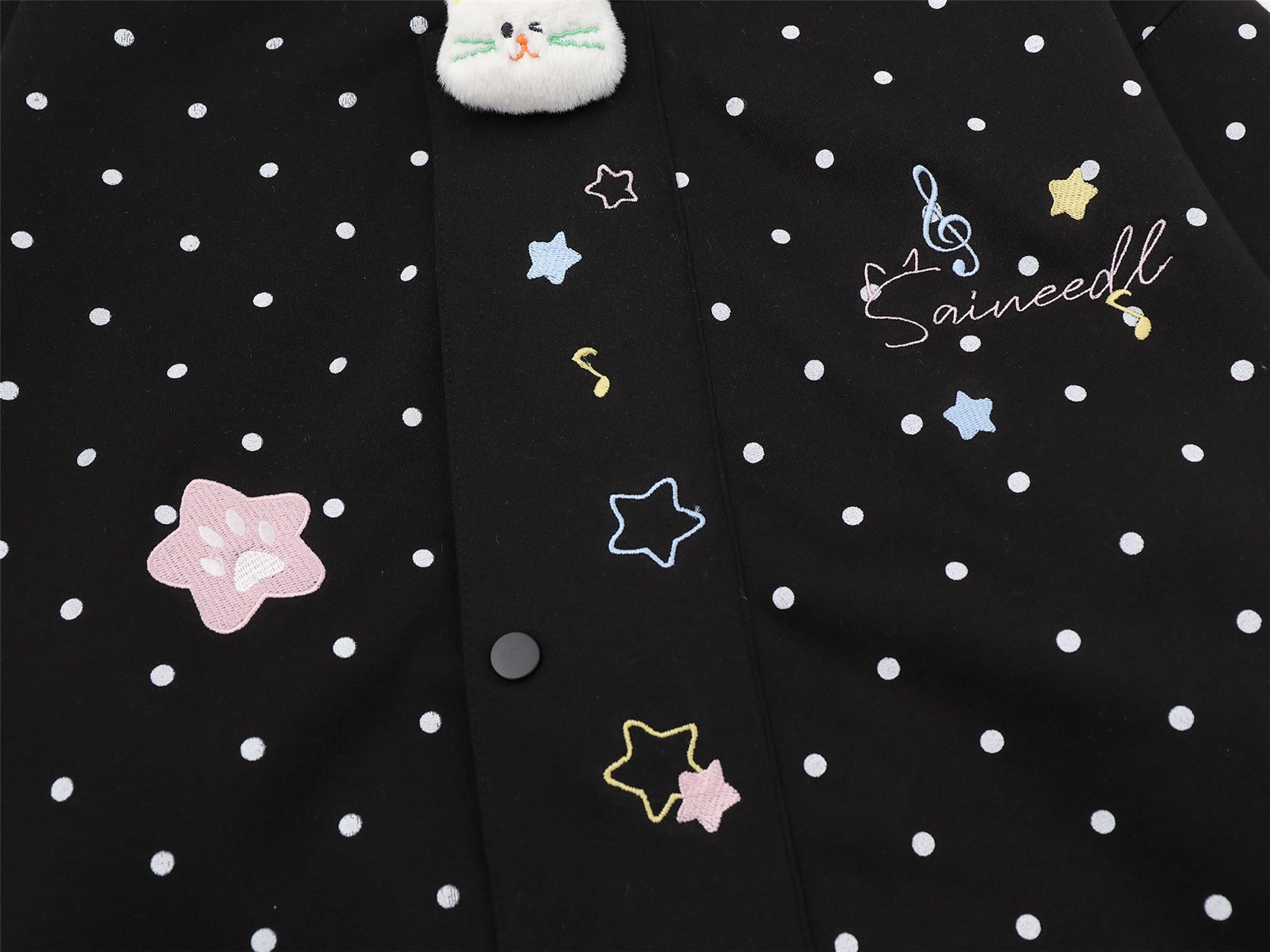 Polka Dot Zip-Up Hoodie with 3D Cat Patch & Star Embroidery – Oversized Unisex