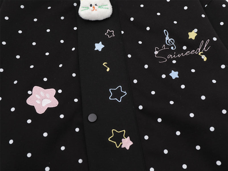 Polka Dot Zip-Up Hoodie with 3D Cat Patch & Star Embroidery – Oversized Unisex