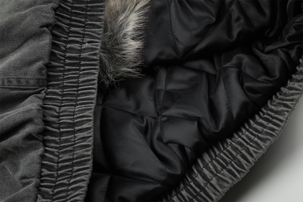 Faux Fur Collar Padded Bomber Jacket – Oversized Cotton Shell