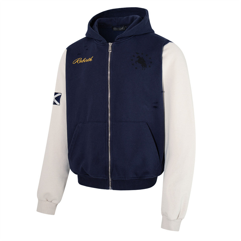 Rebirth 7 Colorblock-Zip-Hoodie – Distressed Varsity-Sweatshirt in Navy & Creme