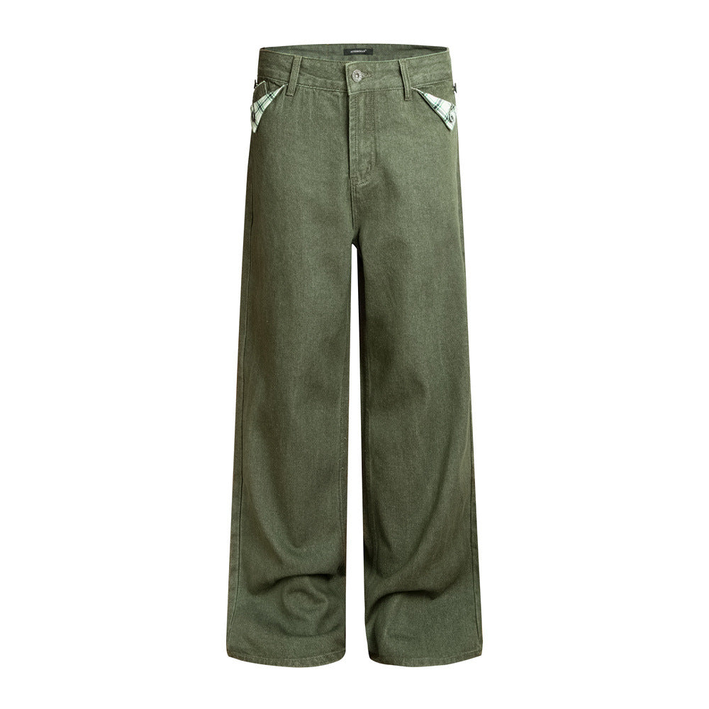 Wide-Leg Relaxed Straight Jeans – Olivgrün mit kariert gefütterten Taschen