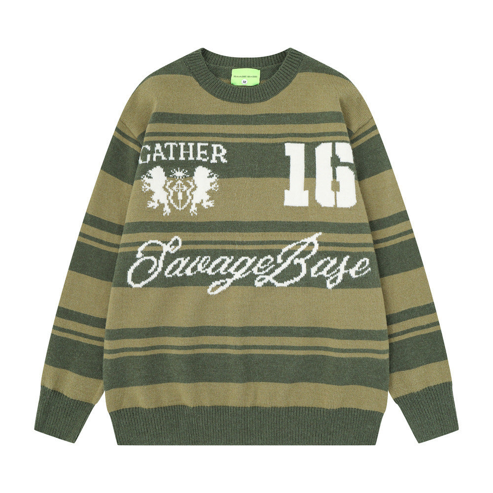 Gestreifter Jacquard-Strickpullover – Gather 16 SavageBase-Print, Relaxed Rundhalsausschnitt